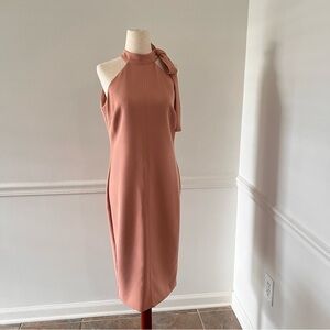 Eva Mendes New York and Company Peach Midi Dress with Bow at the Collar. size XS